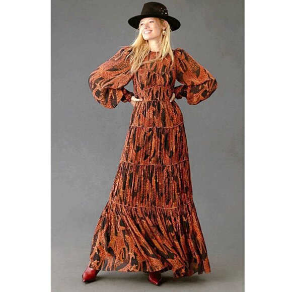Farm Rio Giraffes Puff Sleeve Corset Piping Tiered Maxi Dress in Orange  S  $315 - Picture 7 of 16
